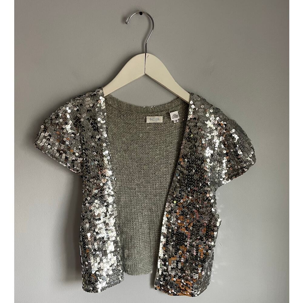 Y2K Vintage Aqua Cashmere Silk Blend Silver Sequiin Shrug medium Disco Mermaid